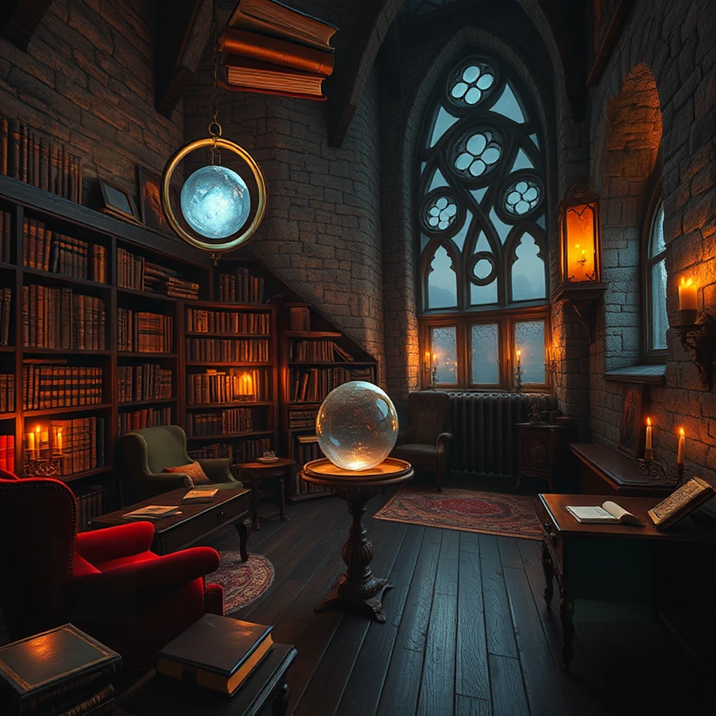 Image A of the puzzle: Wizard's tower study with floating spellbooks and crystal orbs at twilight