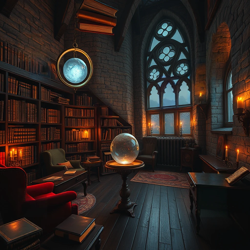 Image B of the puzzle: Wizard's tower study with floating spellbooks and crystal orbs at twilight