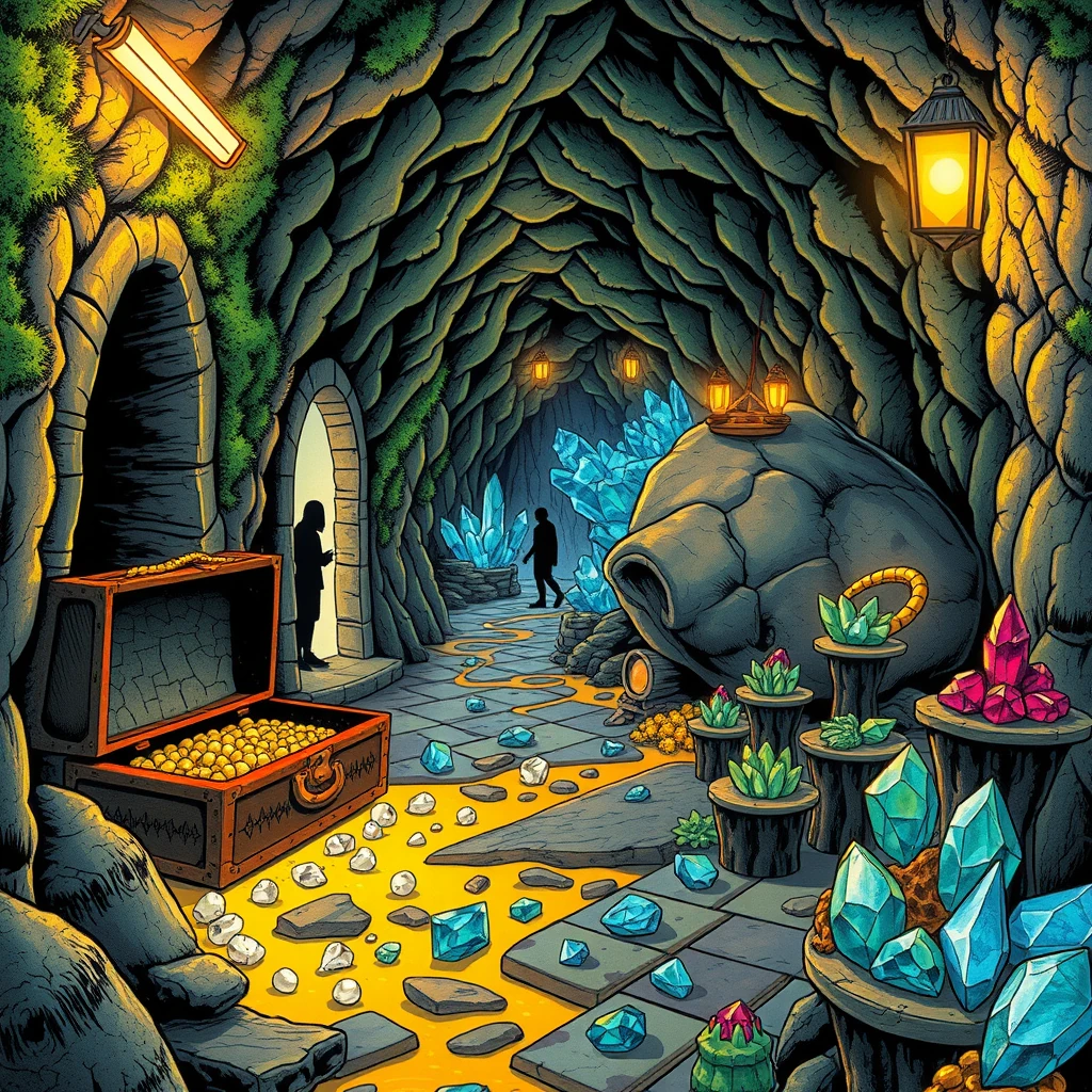 Image A of the puzzle: wyrm cave treasury with molten gold rivers and precious gemstones