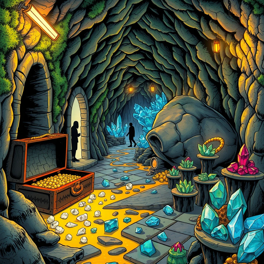 Image B of the puzzle: wyrm cave treasury with molten gold rivers and precious gemstones